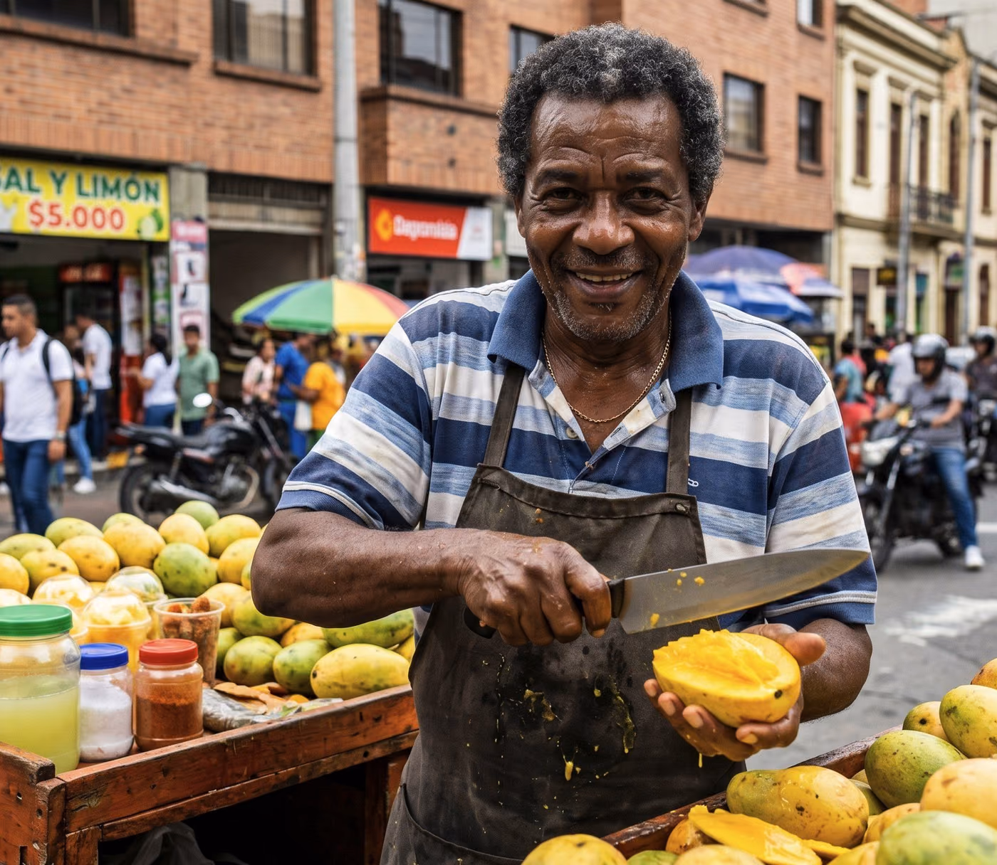 Fruchtverkäufer an einem Stand im Zentrum von Medellín